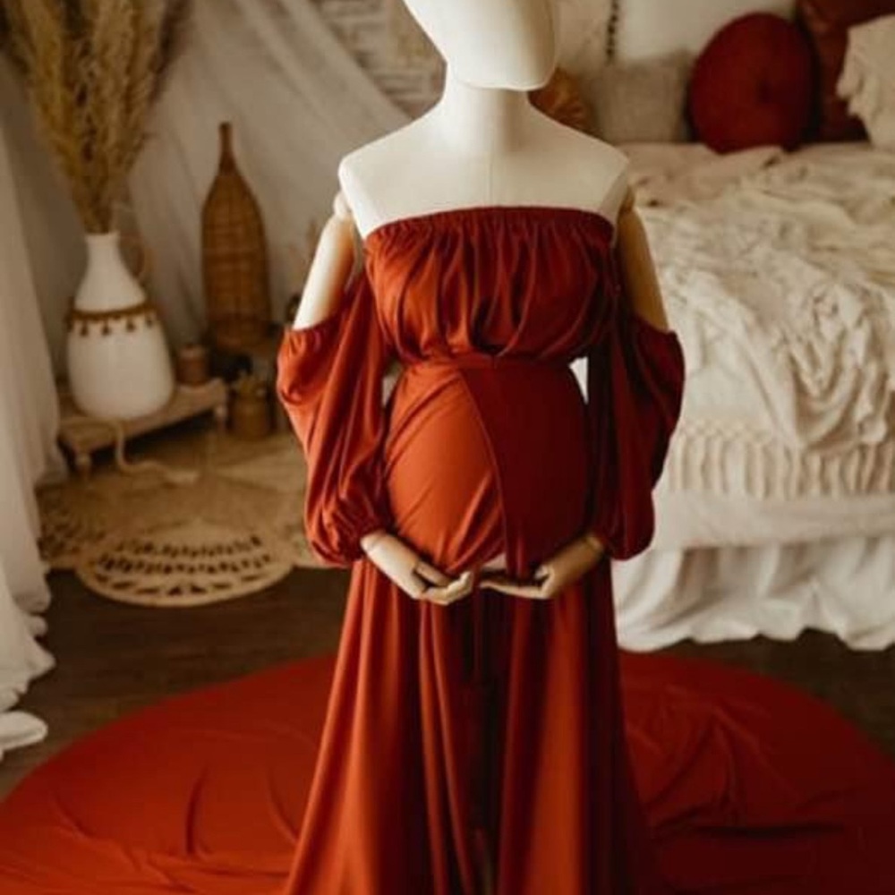 Elegant Rust Off-Shoulder Maternity Gown - Picture 1 of 1